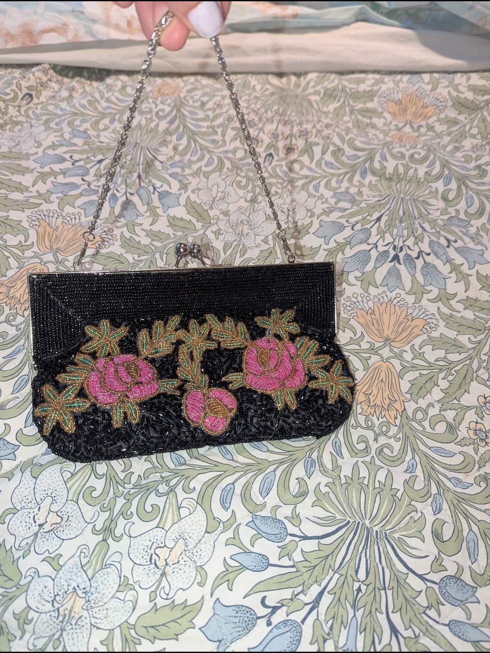 Black Beaded Clutch with Pink Floral Embroidery - Picture 5 of 5